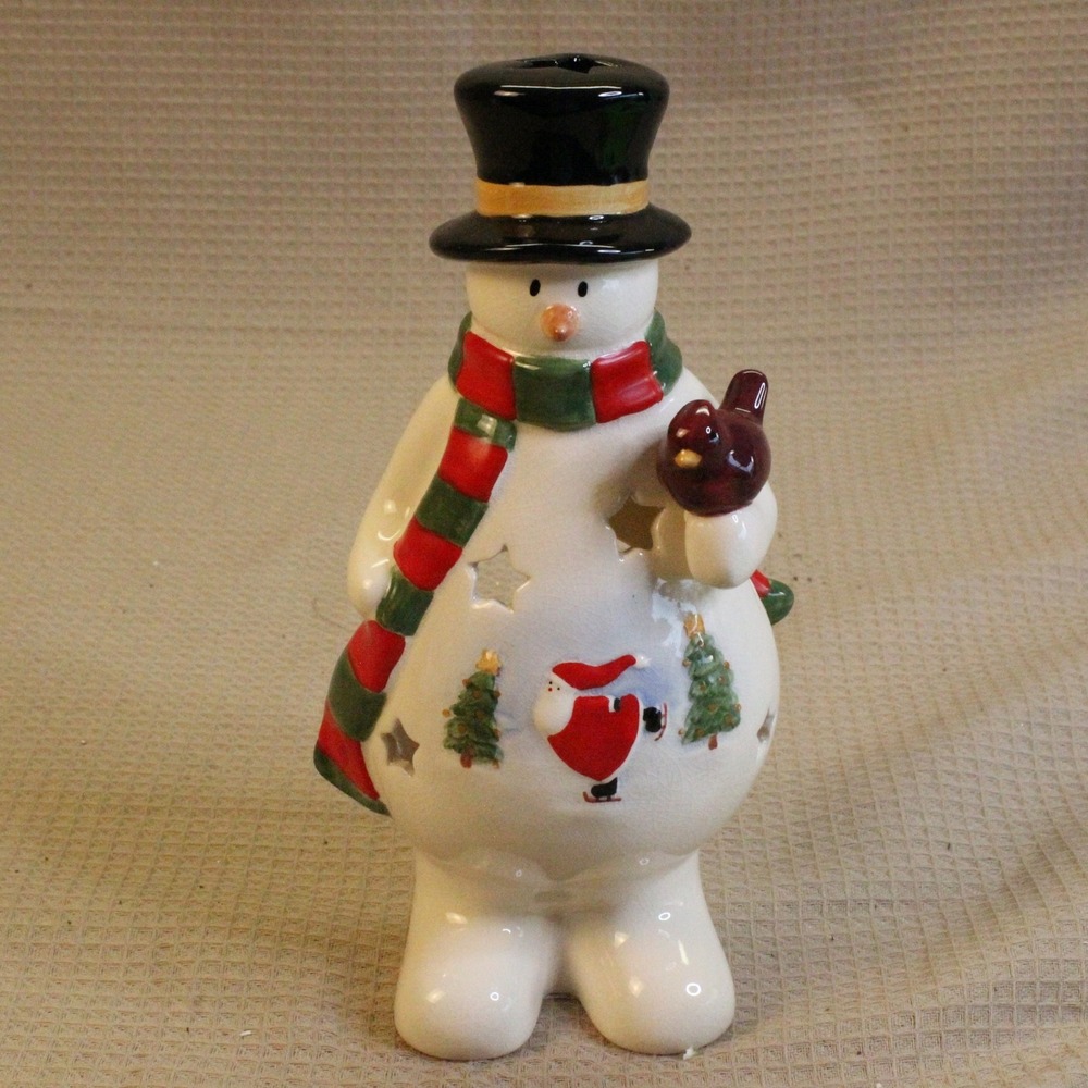 Russ Berrie Snowman Ceramic Luminary 9.5" White Red Green Vintage Cottagecore
